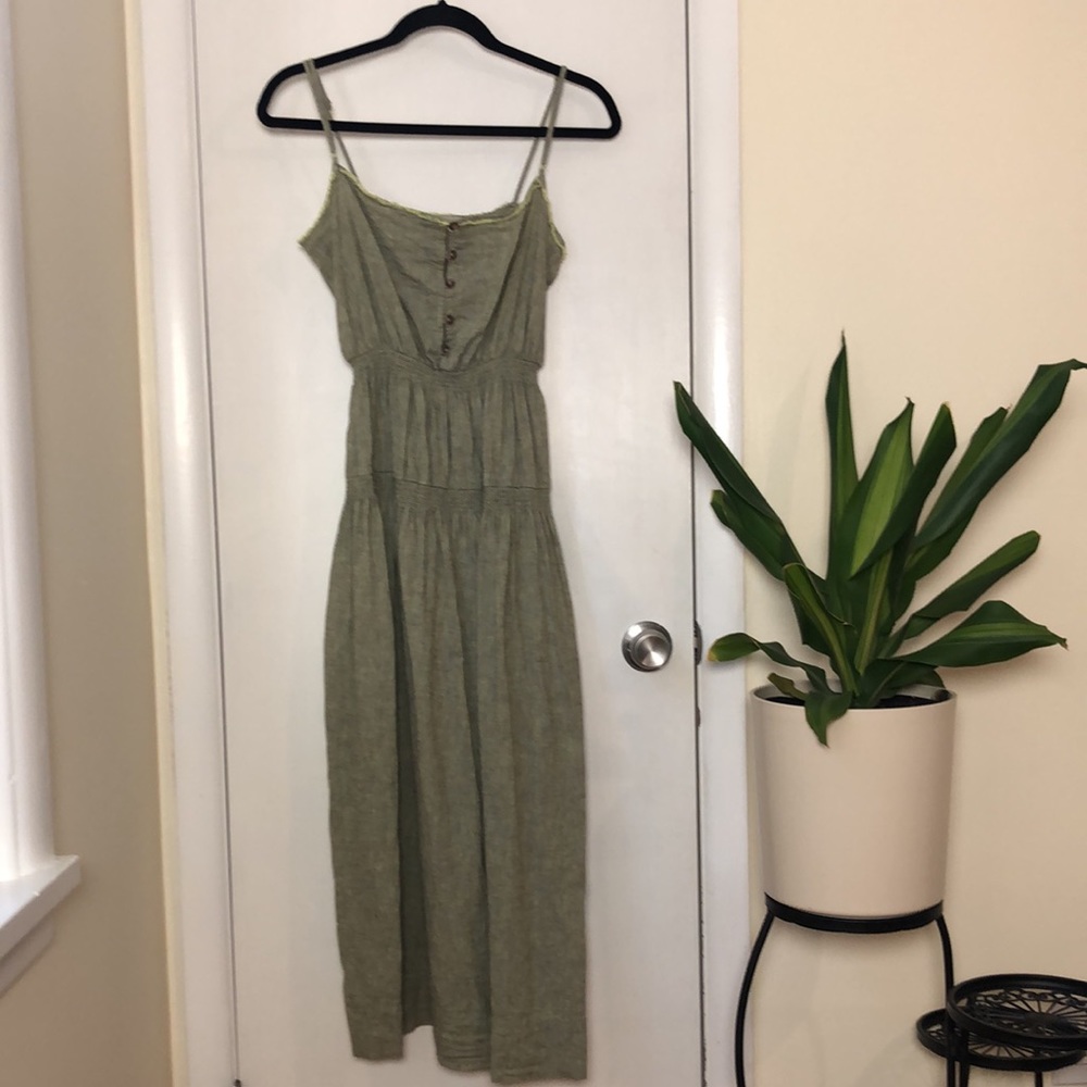 Urban Outfitters Ella Linen Dropped Waist Midi Dress Green Olive Moss - Picture 4 of 9